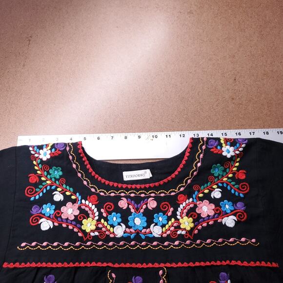 YZXDORWJ Top Women M Black Floral Embroidered Round Neck Boho Coquette Peasant - Picture 6 of 8